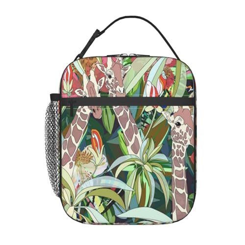 ポータブル断熱ランチバッグ。防水性と漏れ防止性を備え、スタイリッシュで丈夫。仕事、学校、アウトドア活動に最適です。男性にも女性にも適しています。(3頭のキリンと熱帯林の緑の葉の抽象的な水彩画)