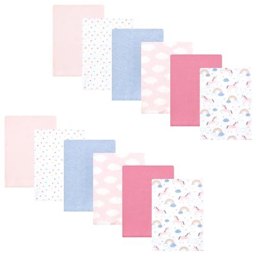 Image of Hudson Baby Unisex Baby Cotton Poly Flannel Burp Cloths Bundle, Unicorns Rainbows, One Size
