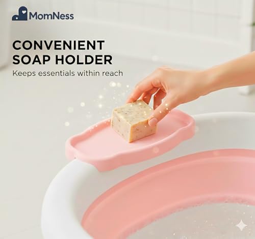 Image of Foldable Baby Bathtub for 0-3 Years | Collapsible Portable Bath Tub with Soap Holder & Drain Plug | Non-Slip Legs, Heat Retention Design, BPA-Free Safe Material (Pink)