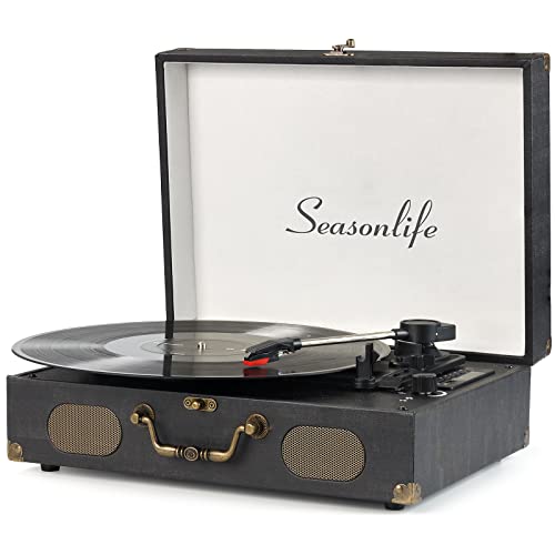 Vinyl Record Player Vintage Bluetooth Turntable Suitcase with two Built-in Stereo Speakers Supports USB FM Radio RCA Line Out AUX Input Portable Lightweight