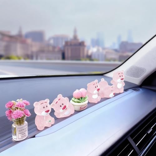 Oiumhru Mini Dashboard Decorations for Car, 7 Pcs Pink Bear Vehicle Decor Set, Cute Glow in The Dark Dashboard Accessories with Daisy Flower, Adorable Stress Relief Ornaments, Car Interior Decoration