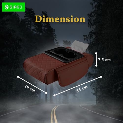 Image of SIAGO SIA399 Premium Car Armrest Cover | 5-in-1 Center Console Organizer with Cup Holder, Phone Slot, & Storage Bags | Anti-Slip PU Leather Cushion for Sedans & SUVs (Brown)