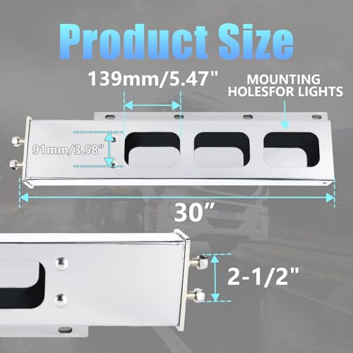 Image of Stainless Steel Mud Flap Hanger Set, 2.5 inch Bolt Spring, 2-1 /2 inch Bolt Spacing 30 inch Length Rear Bar with Rectangle Light Cutouts, Loaded with Aluminum Reflective Tapes for Semi Trucks