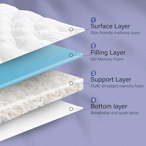 Image of WhatsBedding 4 Inch Memory Foam Mattress Topper Twin Size for Back Pain Relief, Filled with Breathable Gel Memory Foam, Supportive Pillow Top Mattress Topper