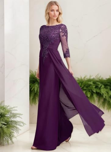 Chiffon Mother of The Bride&Groom Dresses for Women 3/4 Sleeves Sequin Appliques Formal Evening Gowns for Wedding4