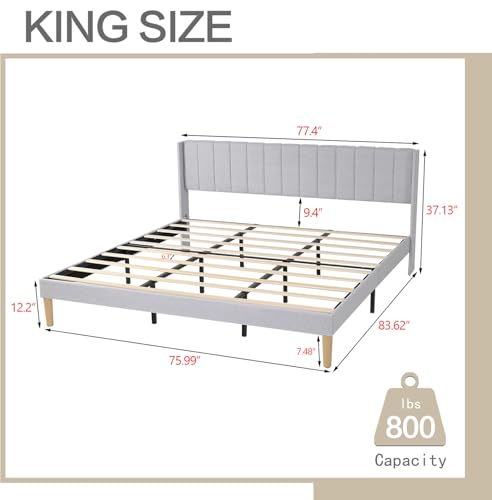 Image of AGARTT Upholstered Platform Bed Frame King Size, Light Grey Linen