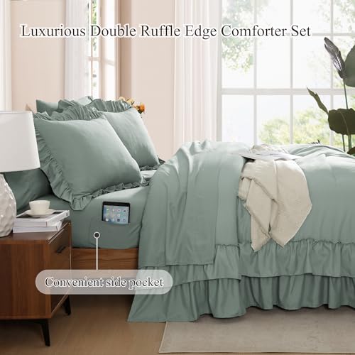 Image of Full Size Comforter Set Sage Green Ruffle 7 Pieces Farmhouse Bed in a Bag | Shabby Chic Fluffy All Season Bedding Sets with Sheets, Pillowcases & Shams