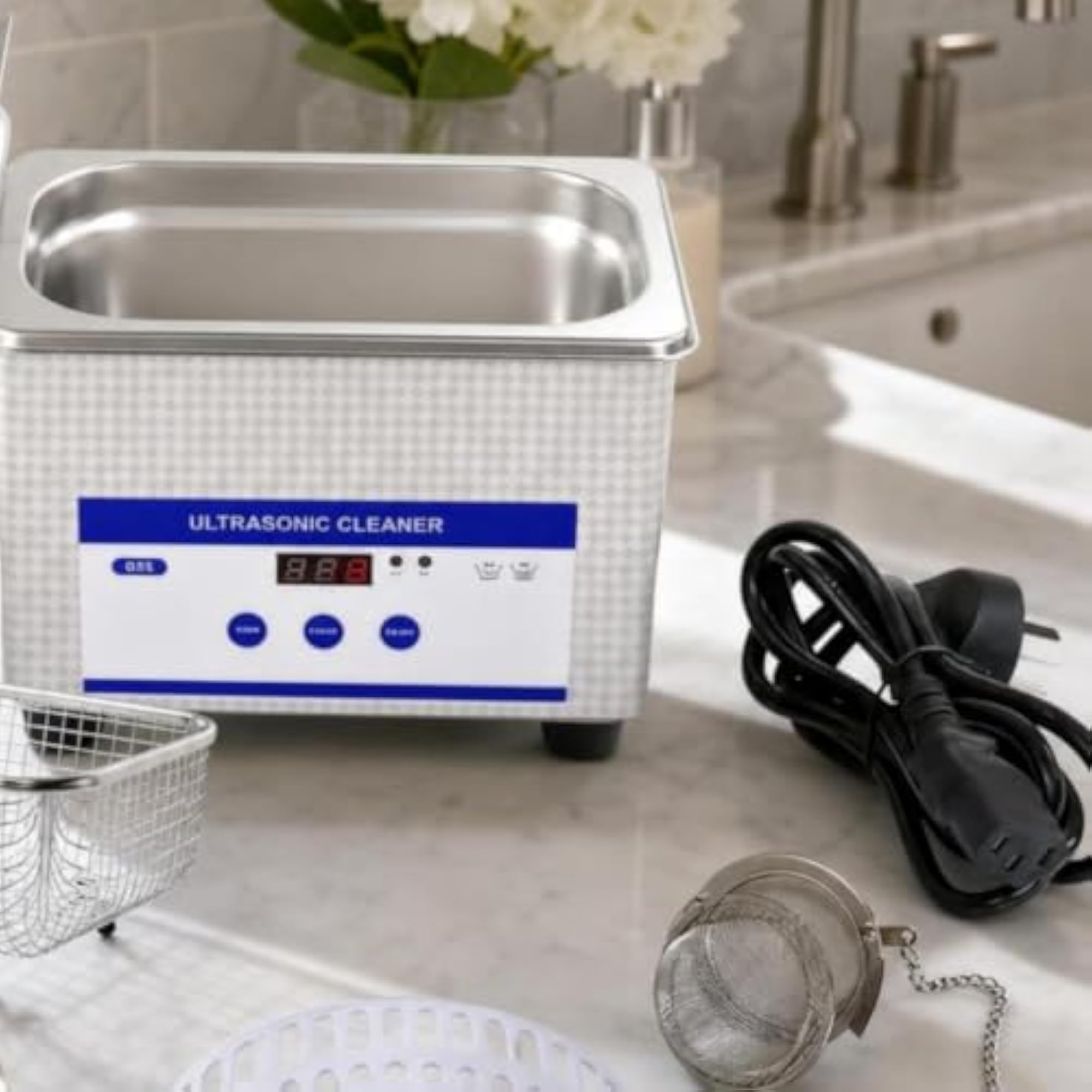 Digital Sonic Cleaner with Basket, Compact Countertop Sonic Cleaner
