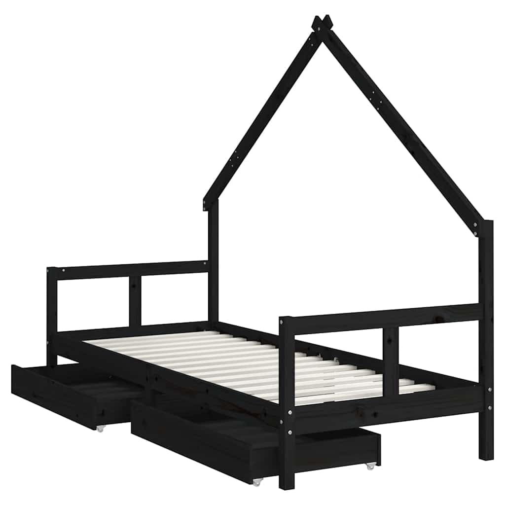 Cama infantil con cajones, color negro, 80 x 200 cm, madera maciza de pino, adecuada para niños a partir de 4 años, cama estable con espacio de almacenamiento y rejilla, ideal para dormitorio