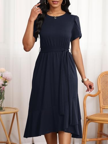 Image of PerZeal Women's Summer Dress Casual Ruffle Sleeve Crewneck A-Line Tiered Flowy Short Sleeve Long Dress with Belt