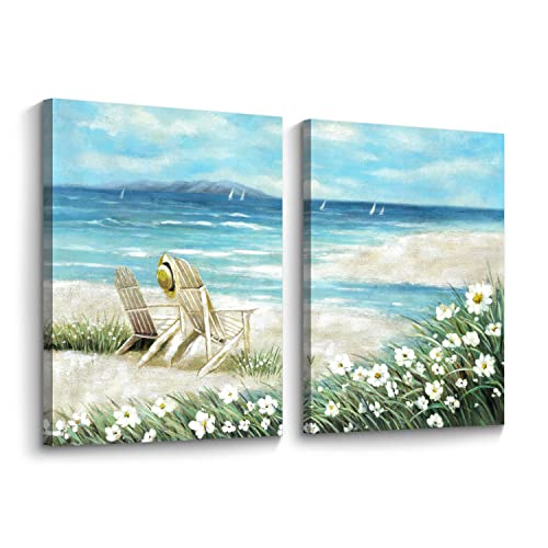 double trees Beach Canvas Wall Art Decor: Bedroom Living Room Modern Abstract Coastal Chair on Sand Picture 2 Piece Blue Ocean Wave Seascape Painting Textured White Wildflower Sailboat Print Artwork