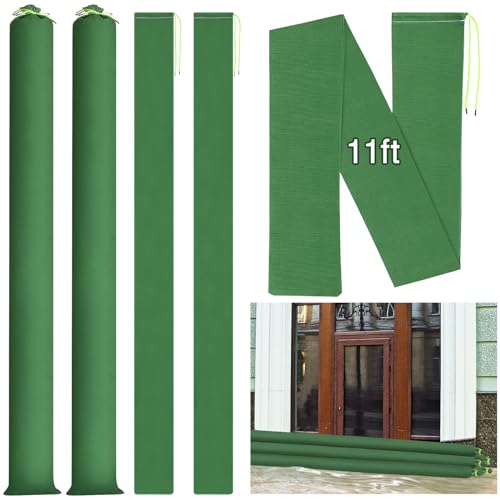 Threan 2 Pcs Long Canvas Sandbags for Flooding Sand Tube Bags Flood Protection Thickened Reusable Rain Wind Flood Barrier with Elastic Band Water Barrier Tube for Door Rain Control, Green (11ft)