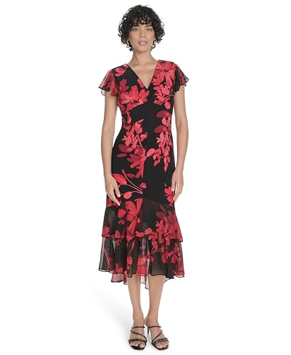 Image of Tommy Hilfiger Women's Flutter Sleeve V-Neck Ruffle Trim Hi-Lo Midi Dress
