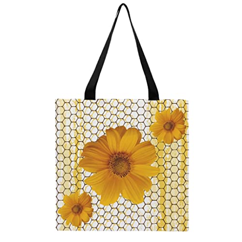 Aesthetic - Bolsa de tela con diseño de girasol de panal de abeja, bolsa de yute impresa, bolsa de la compra sostenible con asa larga, bolsa de algodón, blanco, talla única
