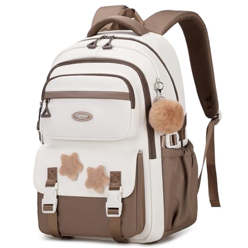Amythe Rucksack Mädchen, Schulranzen für 3.-5. Klasse, Lässiger Große Kinderrucksack mit Pom-Pom-Anhänger & Sternenabzeichen, Leichter Schulrucksack Teenager mit Trolleyband -Braun
