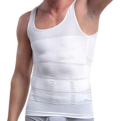 LARDROK Men Slimming Body Shaper Vest Gynecomastia Compression Shirts Tummy Control Shapewear Moobs Undershirt White Cover