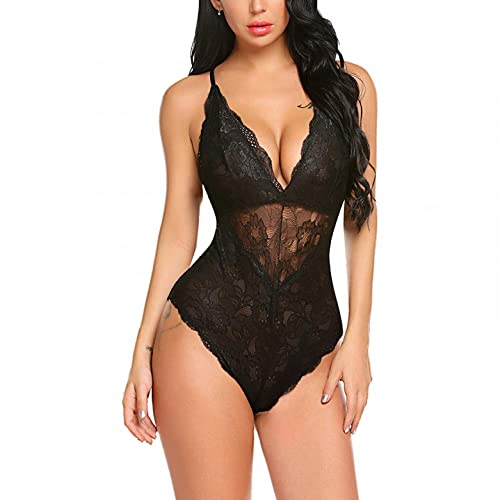 Lingerie for Women for Sex Naughty,Women One Piece Lingerie Deep V Teddy Sexy Lace Bodysuit Sexy Nighty Mesh Sleepwear Black