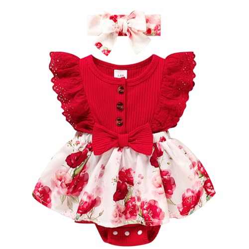 Image of Sinhoon Baby Girl Clothes Newborn Ruffled Sleeveless Romper Floral Dreesy Bodysuit Heaedband 3pcs Baby Girl Summer Clothes