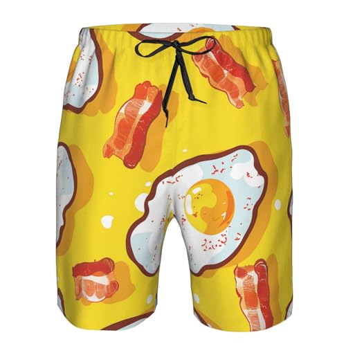 Men's Quick Dry Swim Shorts Fried Eggs and Bacon Food Cartoon Cute Yellow Beach Trunks with Pockets3