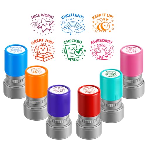 Teacher Stamps for Classroom Teacher Appreciation Gifts Self Inking Grading Stamps Set Reward Stamps with Unicorn Rainbow Star Bee Teachers Essentials for Elementary Preschool Homeschool (6Pcs)