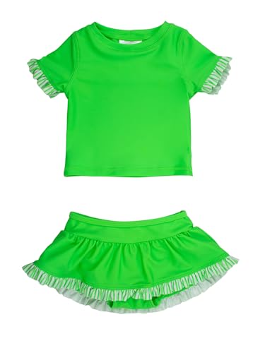 RuffleButts Girls UPF50+ Sun Protected Short Sleeve Ruffle Rash Guard Skirted 2-Piece Bikini