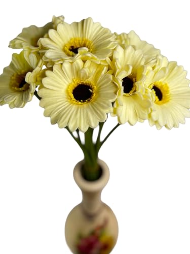 Image of Artificial Gerbera Flower Sticks (Pack of 5) for Decoration Yellow Faux Flowers for Vases Home Office Living Room Wedding and Party Long Lasting Washable and Reusable Floral Arrangement