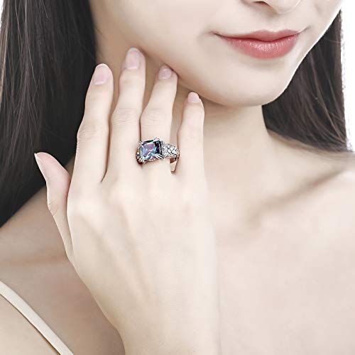 4.25CT Princess Cut Simulated Mystic Rainbow Topaz Antique Design Black Oxidized Finish 925 Sterling Silver Floral Band Gemstone Ring for Women2