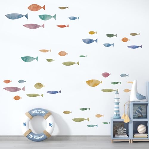 Kasubeso 62 Pcs Watercolor Ocean Fish Wall Decals, Peel and