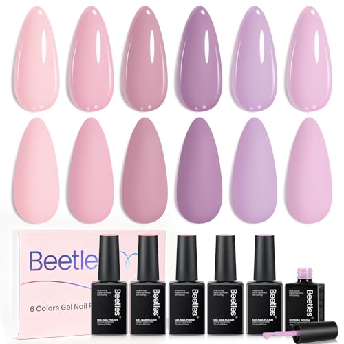 Image of Beetles Pink Gel Polish Set - Ballet Princess Collection, 6 Colors Nude Pink Purple Gel Polish Kit, Balletcore Lilac Mauve Glossy Solid Color Soak Off UV LED Nail Art for DIY Salon Manicure