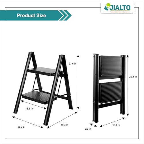 Image of JIALTO 2 Step Metal Ladder for Home, Foldable Lightweight Stepping Stool with Wide Pedals, Anti Slip Heavy Duty 150 Kg Capacity, Portable for Kitchen, Office & Library (Black)