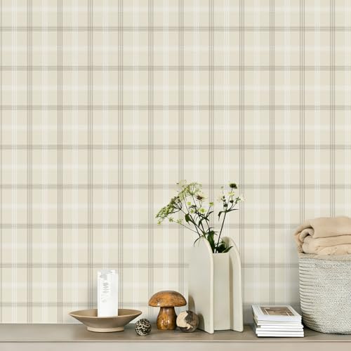 Lativo Plaid Wallpaper Peel and Stick Boho Gingham Neutral 78.7 x 17.3