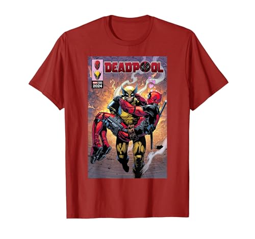 Image of Marvel Deadpool & Wolverine Logan Carrying Wade Comic Cover T-Shirt, Men, Cranberry Red, Medium