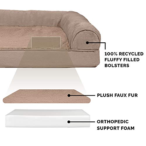 Image of Furhaven Orthopedic Dog Bed for Large Dogs w / Removable Bolsters & Washable Cover, For Dogs Up to 125 lbs - Plush & Suede Sofa - Almondine, Jumbo Plus /XXL