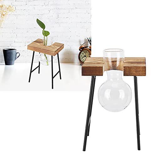 Vaso de mesa, plantador de vidro Resistência ao calor Vaso vegetal retrô com suporte de madeira para