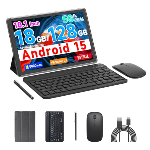 COOPERS Tablet Android 15, 10 inch Tablet 18GB RAM+128GB ROM 2TB Expandable, 2.0Ghz Quad-core Processor, 5G WiFi6 BT5.0, Dual Cameras, 2 in 1 Tablets with Keyboard Case Mouse Stylus, Widevine L1 Black