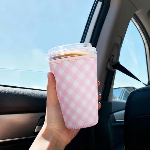 Image of Reusable Insulated Sleeve for Iced Coffee Cup, 3-Pack Coffee Neoprene Drink Sleeve for Cold & Hot Drinks, Beverage Holder for Iced Coffee (Pastel Gingham Set)