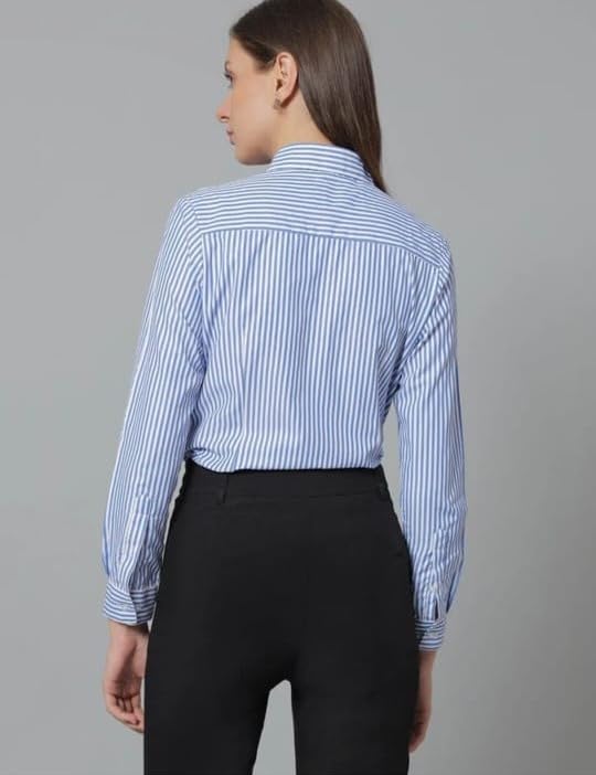Image of Women's Striped Button Down Shirt Classic Collar 3 /4 Sleeve Breathable Lightweight Office Work Blouse Casual Formal top Tailored fit Summer Spring Fall Versatile Wardrobe Essential