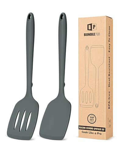 Paket von 2 Silikon Spatel Dreher, Non-Stick Schlitz Küche Spatel Set, Hitzebeständige BPA freie Küchenutensilien, Volle Silikon Design, geeignet für Flipping Fisch, Eier, Steak, Pfannkuchen (Grau)