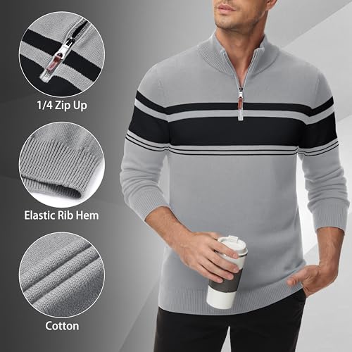 MAGNIVIT Men's Sweater Quarter Zip Striped Pullover Fall Winter Spring Color Block Polo Sweatshirts3