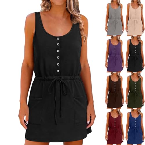Women's Vacation Dresses Sleeveless Casual Tank Dress with Pockets Drawstring Waist Beach Dress Beavh Travel Outfits