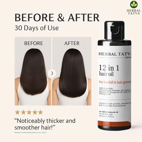 Image of Herbal Tatva 12-in-1 Hair Oil | For Hair Growth, Hair Fall Control & Healthy Scalp | Redensyl, Rosemary, Castor, Amla, Coconut, Almond, Bhringraj | 100% Pure, Natural & Organic | For Men & Women | 100ml