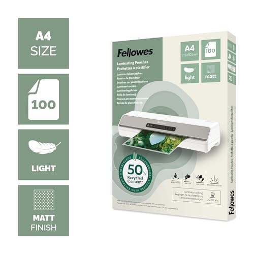 Fellowes A4 Laminating Pouches – 100 Pack, Matt Finish, Light Duty 75/80 Micron, 50% Recycled Content – Lamination for Teachers & Offices