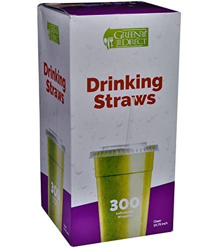 Green Direct Drinking Straws By Green Direct - Disposable 10.75 Inches Plastic Straws Individually Wrapped - Extra Long & Thick For Use With Any Jumbo Cup Or Water Bottle cover