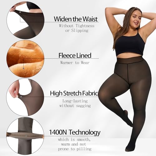 Image of 2 Pairs Plus Size Fleece Lined Tights Sheer Thermal Pantyhose leggings | Winter High Waist Warm Fake Translucent Thermal Sheer Thick Elastic Pantyhose for Womens