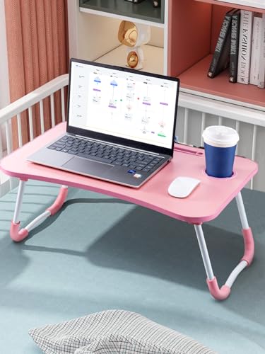 CROWNSHOP Laptop Table, 60 X 40 X 28cm Bed Table, Bed Desk Stand With Foldable Legs & Cup Slot Notebook Stand Computer Laptop Bed Table Laptop Tray For Sofa Bed, Pink (Pink)