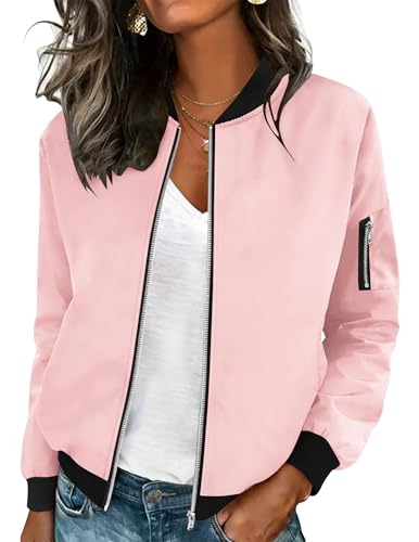 HOTOUCH Women Pink Jacket Trendy Long Sleeve Summer Coats Lightweight Casual Bomber Jackets L
