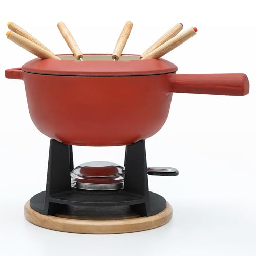 Fondue | Käsefondue | Fleischfondue Set Gusseisen 6 Personen Emaille | 13 TLG. inklusive Holzbrett und Fonduegabeln (rot matt)