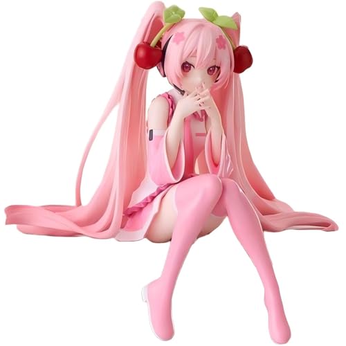 Huawealthy Cherry Miku - Figura de anime rosa con diseño de cola de caballo doble de 11 cm, postura sentada, estatua de anime para decoración de escritorio y habitación y colección (ojos abiertos)