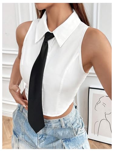 SOLY HUX Women's Button Down Sleeveless Crop Shirts Summer Tank Top Cropped Blouse with Matching Tie4