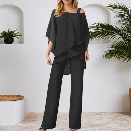 Women's Casual 2 Piece Outfits Dressy Pant Suits for a Wedding 2025 Fall Trendy Irregular Chiffon Wide Leg Pant Sets2